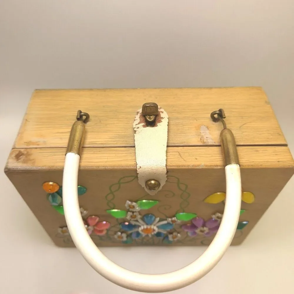 Vintage Enid Collins Flower Basket Jeweled Wood Box Bag Purse 1969